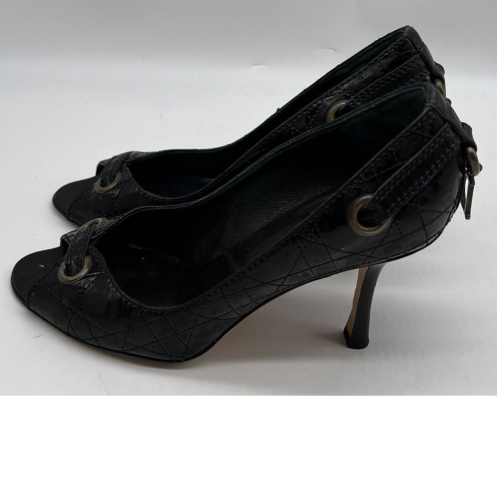 Dior Black Leather Grommet Accent Peep Toe Pumps w/ 'D' Charm on Heel sz 36 - Picture 3 of 7